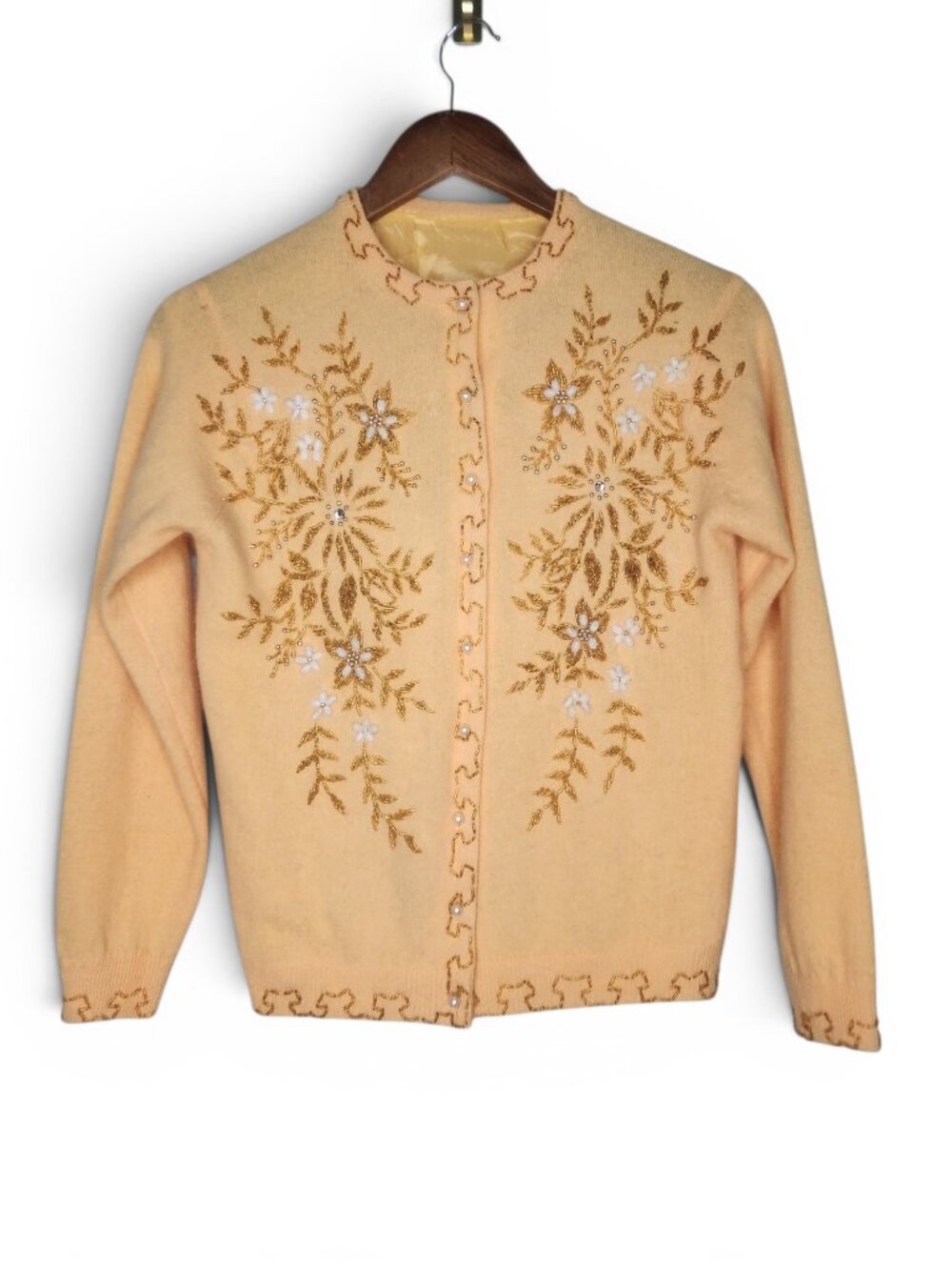 1950s Vintage Embellished Beaded Cardigan Sweater in Yellow Size S